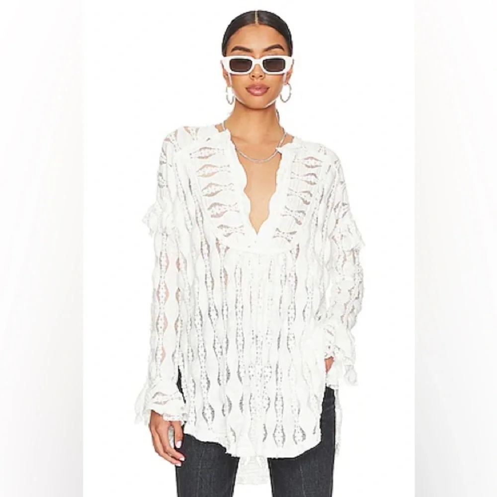 Free People Ivory Candy Shop Lace Long Sleeve Ruffle Boho Textured Tunic Top XS